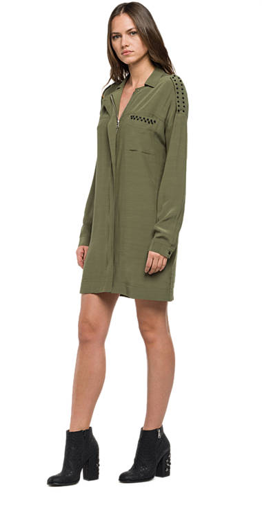 Decathlon Damen OLIVE GREEN Kleid aus Krepp mit Nietenapplikation Kaufen Decathlon Damen OLIVE GREEN Kleid aus Krepp mit Nietenapplikation Kaufen