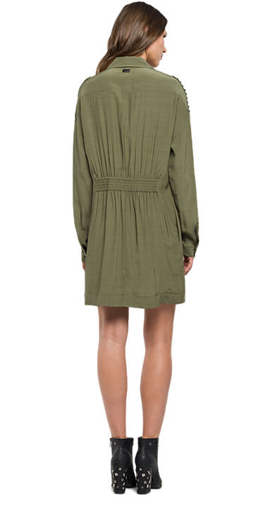 Decathlon Damen OLIVE GREEN Kleid aus Krepp mit Nietenapplikation Kaufen Decathlon Damen OLIVE GREEN Kleid aus Krepp mit Nietenapplikation Kaufen