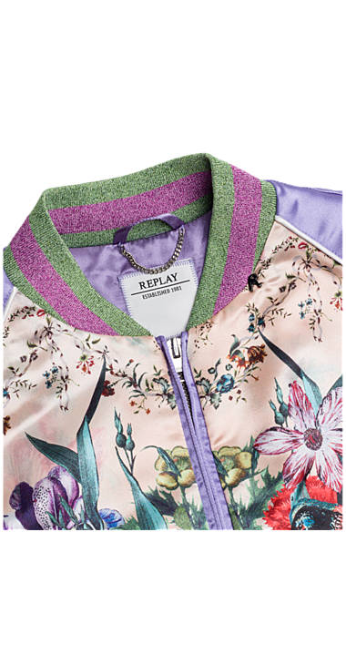 Decathlon Herren MULTICOLOUR+SOLID COLUR LILAC Bomberjacke aus Satin mit Maxi-Aufdruck Outlet Decathlon Herren MULTICOLOUR+SOLID COLUR LILAC Bomberjacke aus Satin mit Maxi-Aufdruck Outlet
